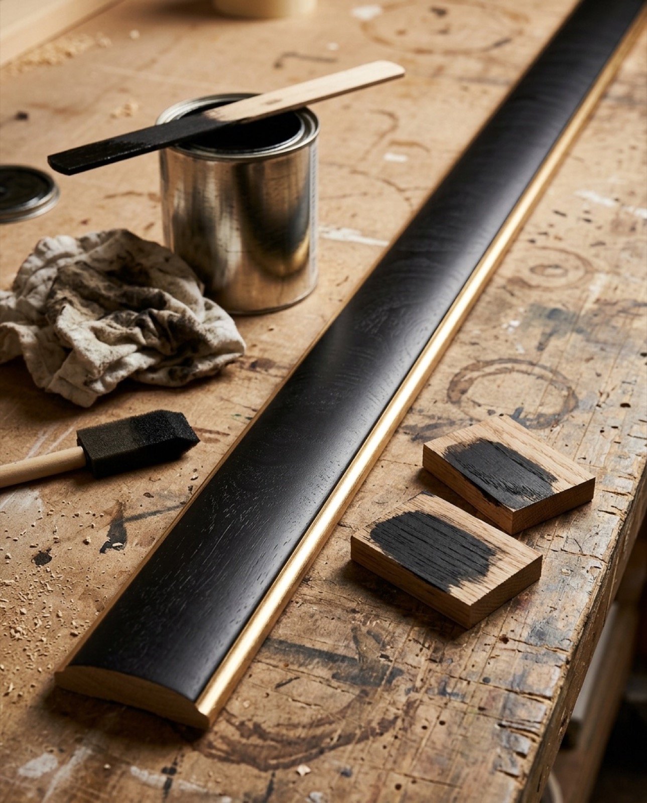 Hand-staining black moulding with champagne lip on the bench.
