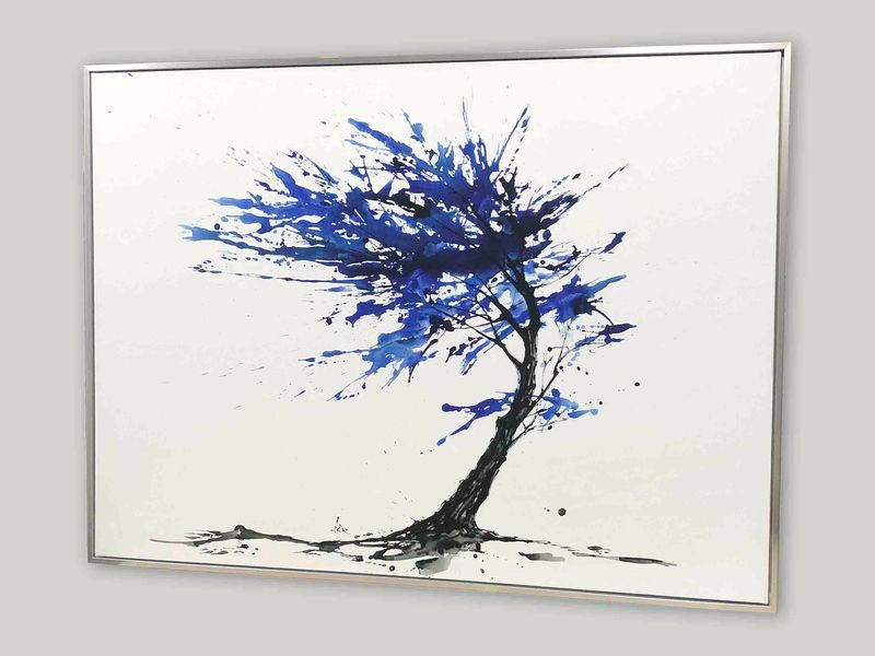 Canvas in a silver floater frame.
