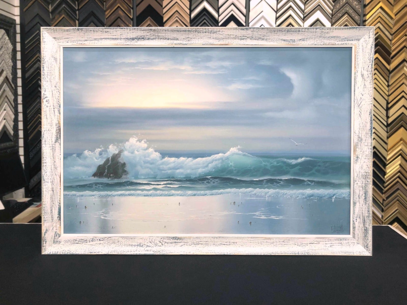Ocean seascape in weathered whitewash.