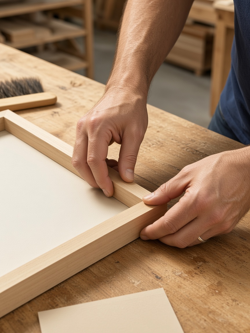 Hands pressing a maple frame corner together on the bench.