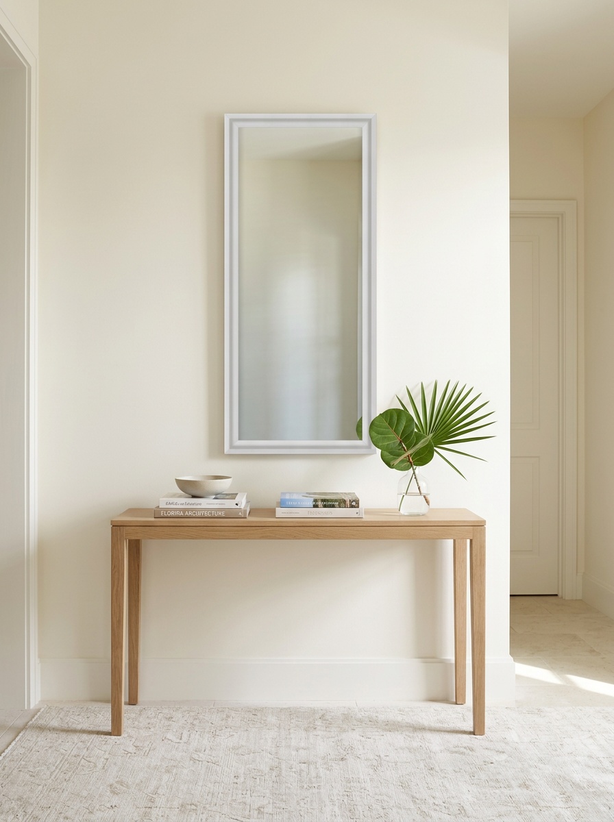 Custom framed full-length mirror above a light oak console in a bright residential entry.