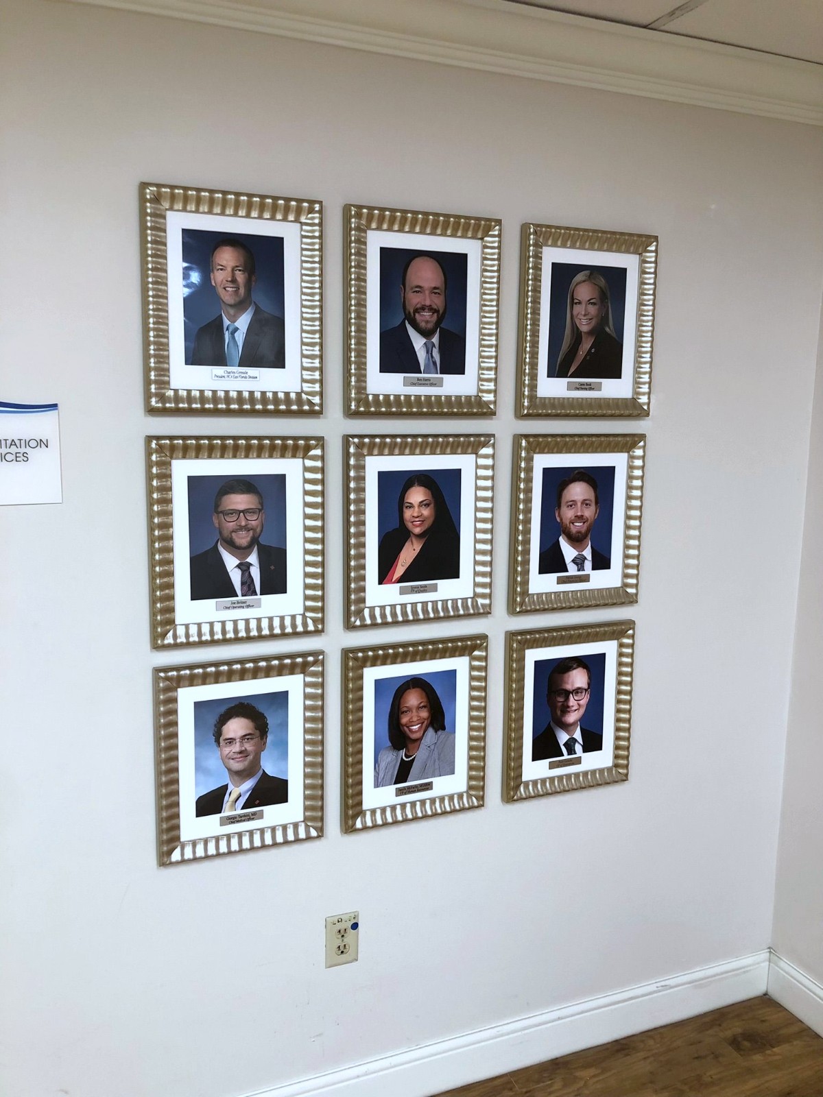 Nine matching executive portraits in ornate gold frames.