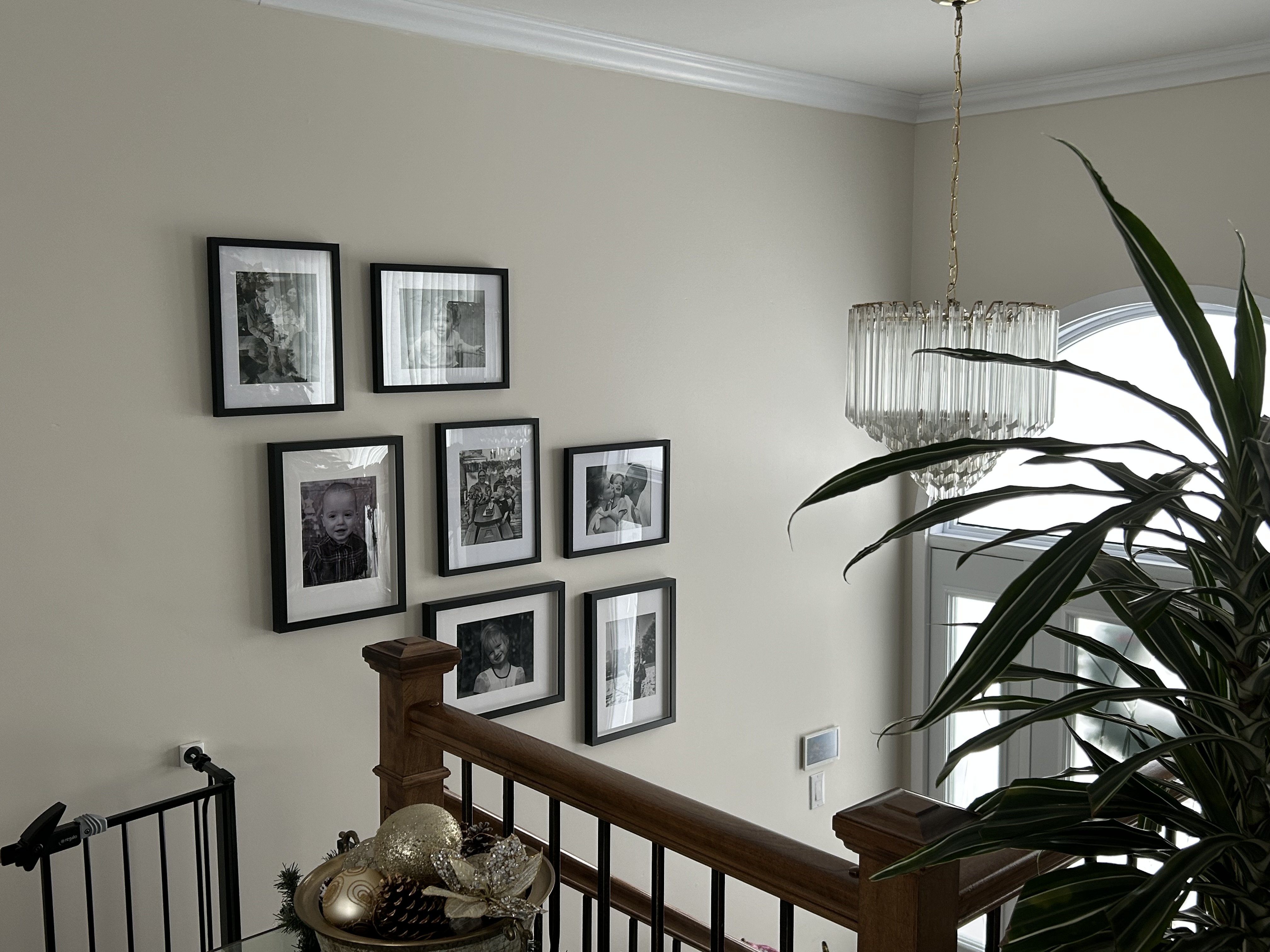 Family photos hung along a stairwell at consistent height.