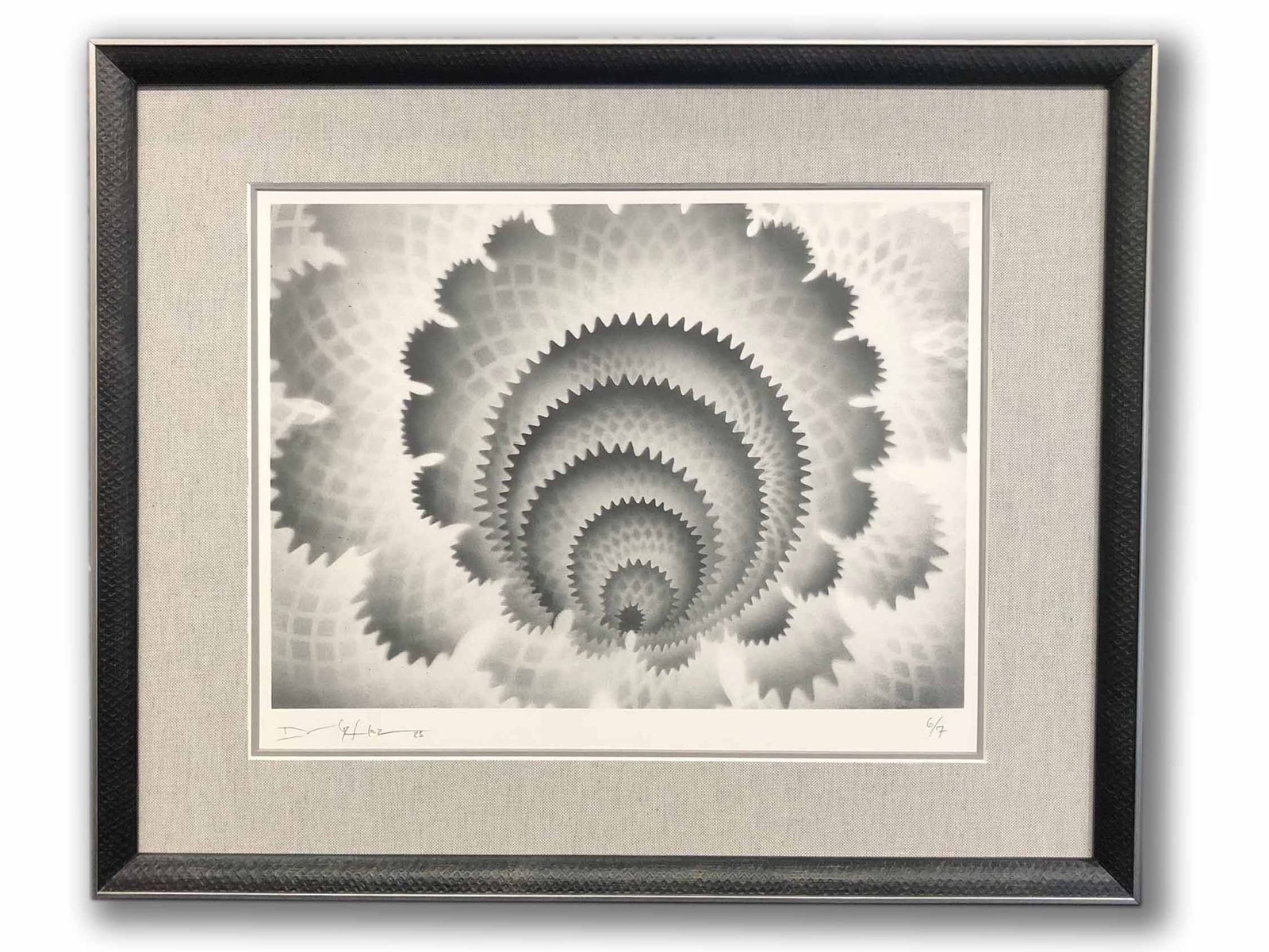 Abstract print with fabric-wrapped linen mat and textured frame.