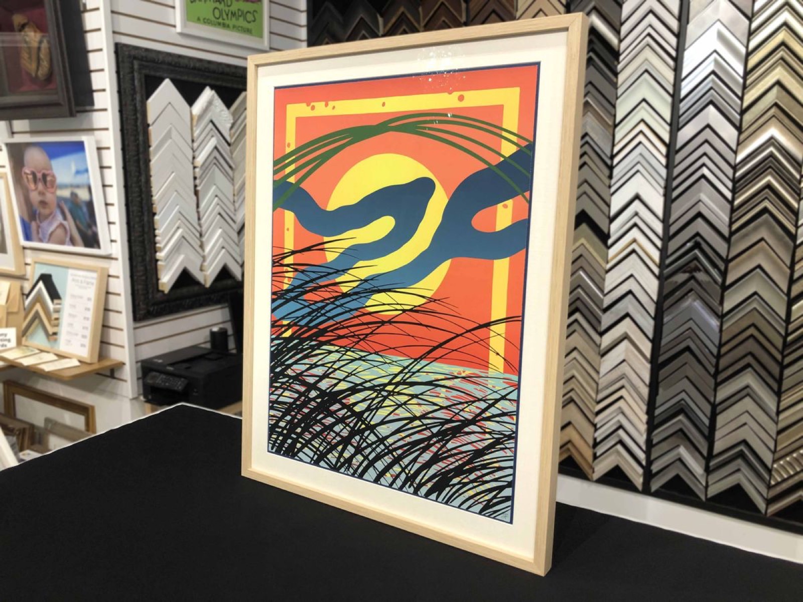 Colorful graphic print ready for framing.