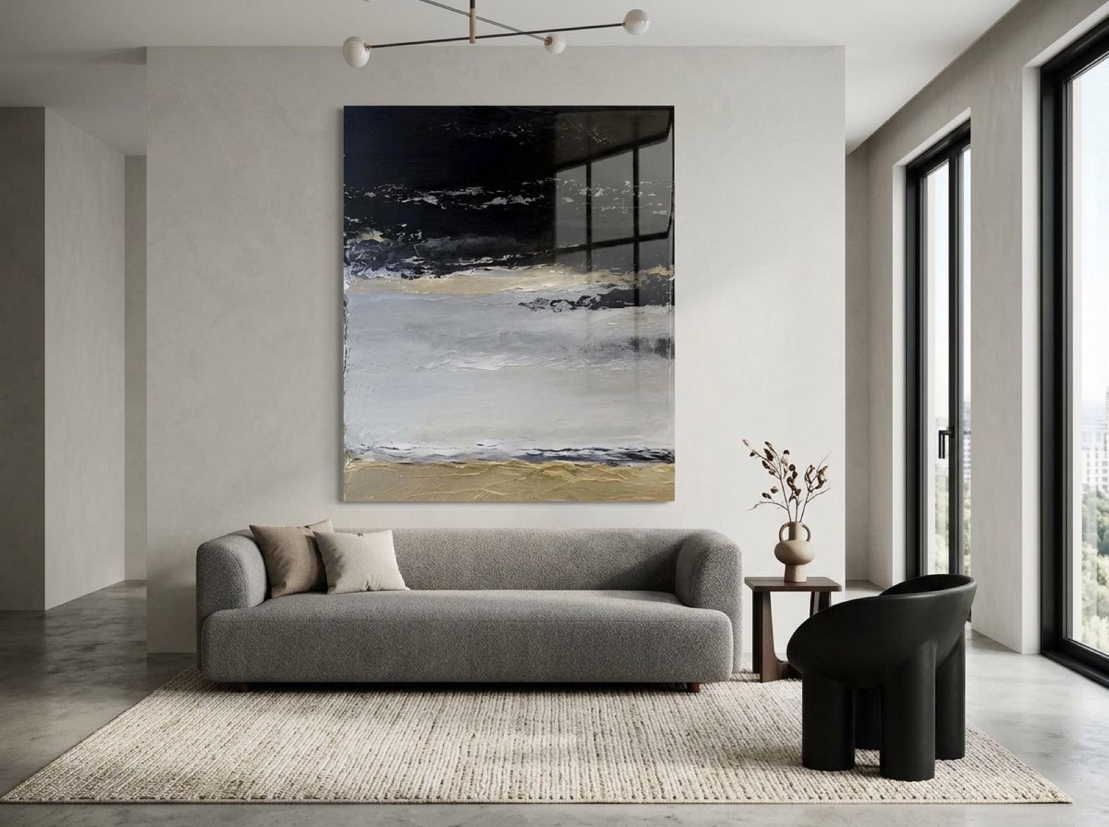 High-gloss acrylic-mounted art in a modern living room.