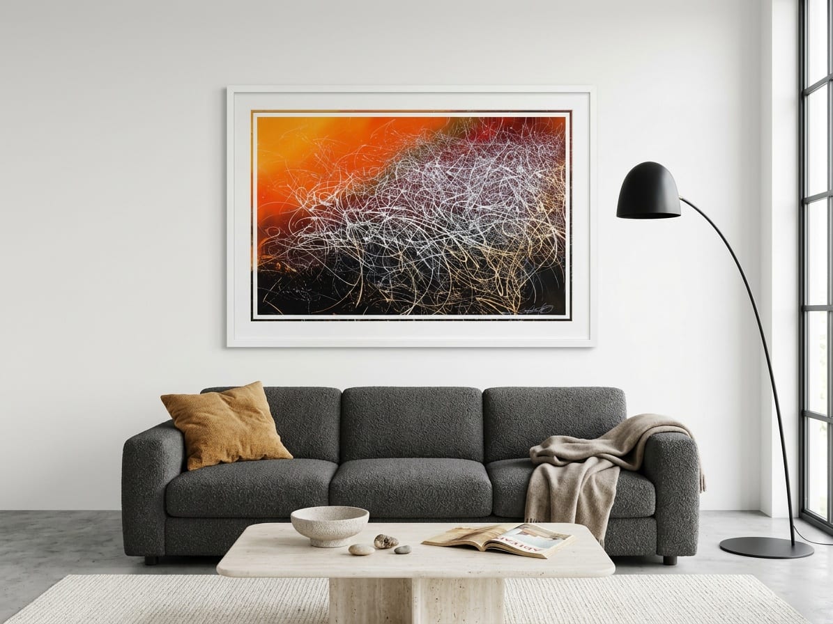 An orange abstract in a white float frame.