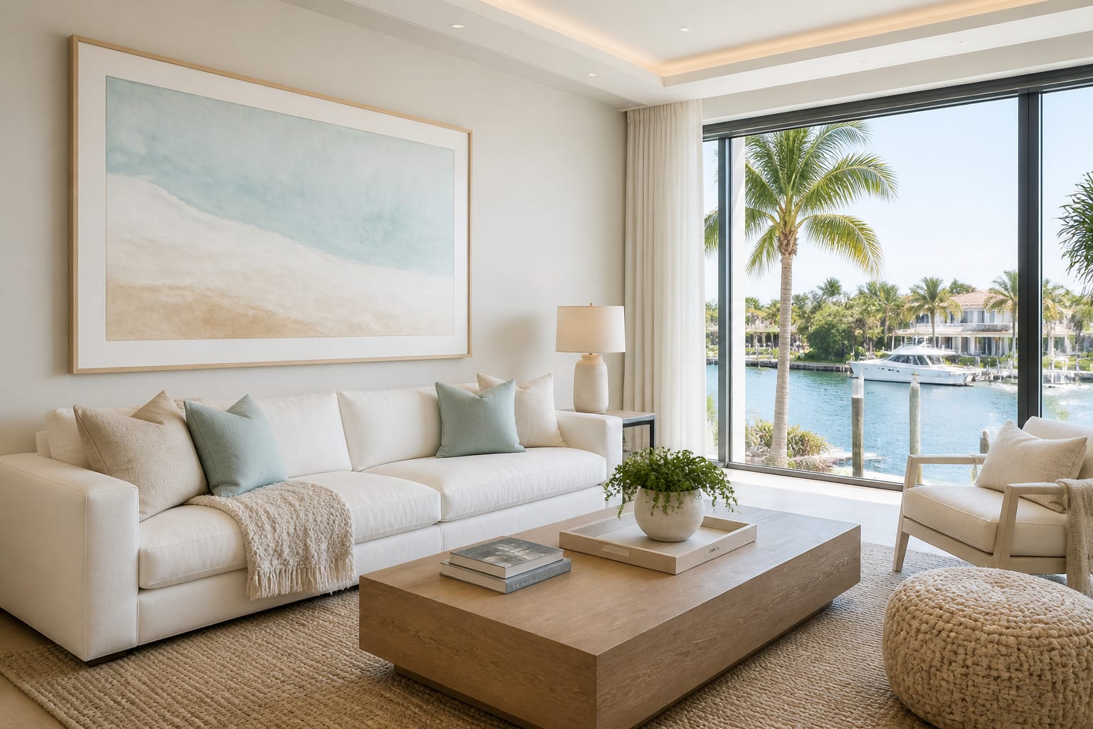 Upscale South Florida living room with a luminous aqua and sand fine-art print in a light oak frame with wide ivory mat, above a white sofa facing the Intracoastal.