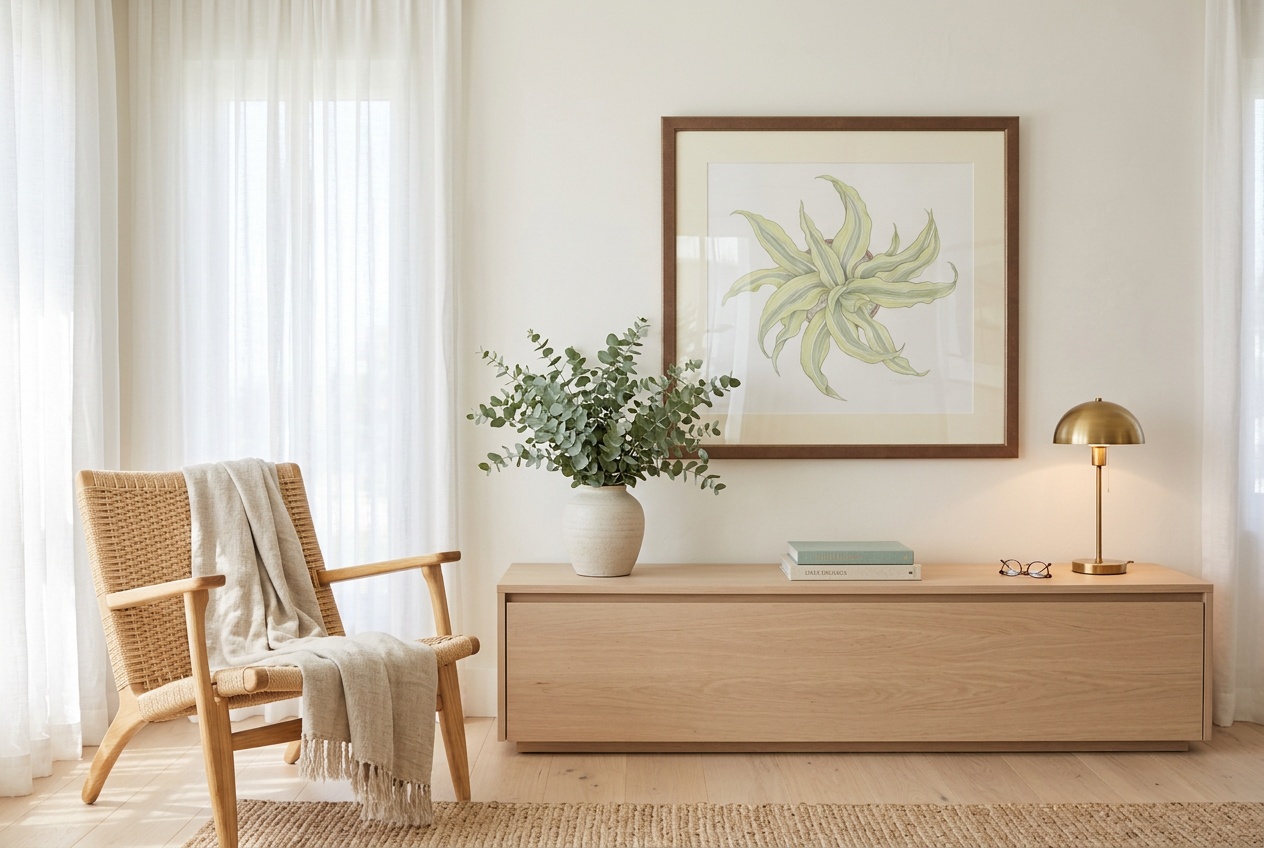 Framed botanical in a bright coastal living room.