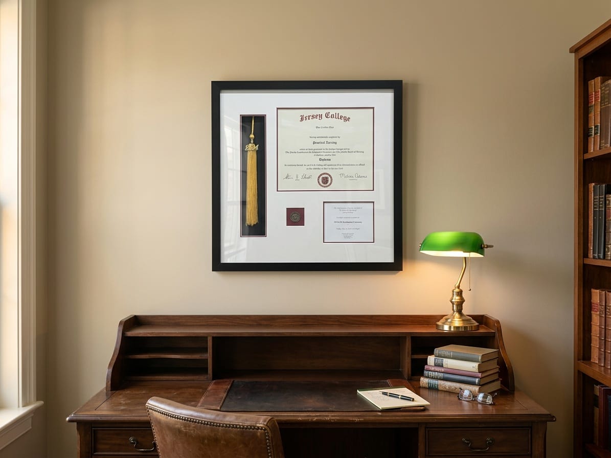 A diploma with its tassel framed above a walnut desk.