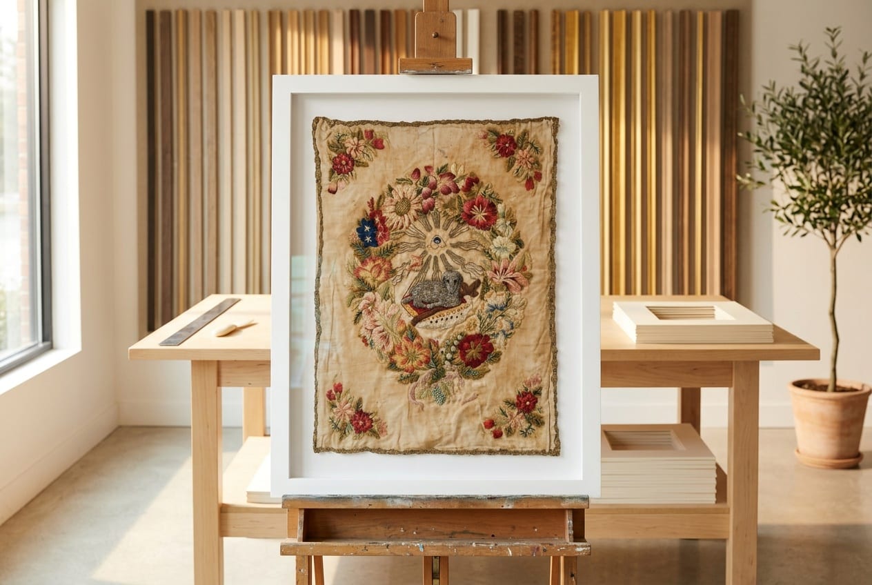 An 1854 embroidery in a white shadowbox.