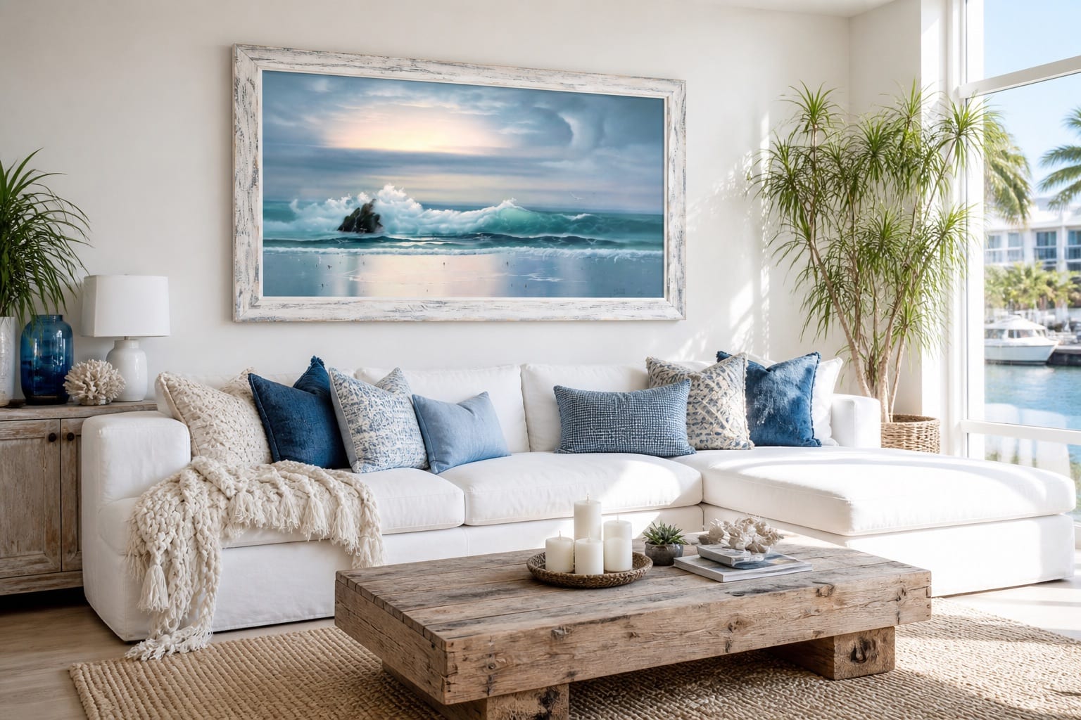 A framed ocean print hung over a white sectional with denim pillows.