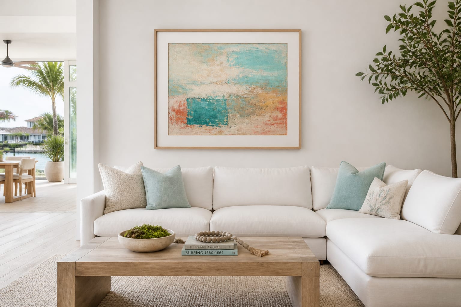 Bright South Florida coastal living room with one large abstract in a light oak frame and wide ivory mat above a white linen sofa.