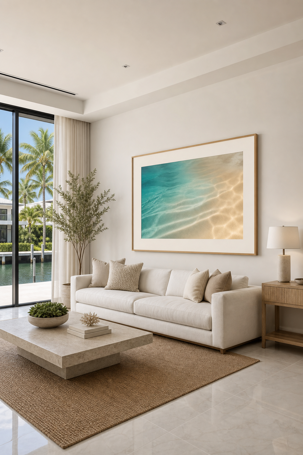Upscale new-construction South Florida living room with canal view, ivory sofa, and a bright contemporary water print in light oak with a wide ivory mat.