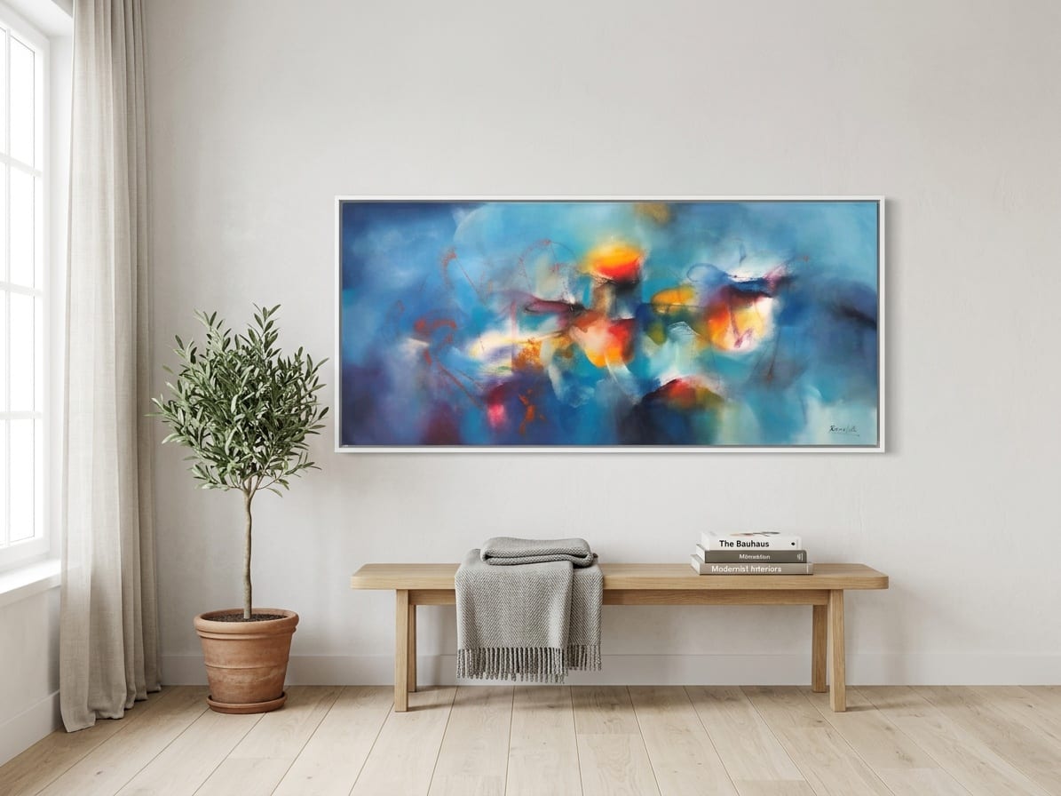 A panoramic blue abstract in a white floater.